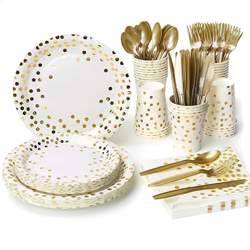 Lzerking Party Supplies Set - 210 Pieces of White and Gold Dot Paper Plates, Cups, Napkins, and Heavy Duty Silverware for 30 Guests for Birthdays