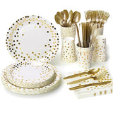Lzerking Party Supplies Set - 210 Pieces of White and Gold Dot Paper Plates, Cups, Napkins, and Heavy Duty Silverware for 30 Guests for Birthdays