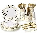 Lzerking Party Supplies Set - 210 Pieces of White and Gold Dot Paper Plates, Cups, Napkins, and Heavy Duty Silverware for 30 Guests for Birthdays