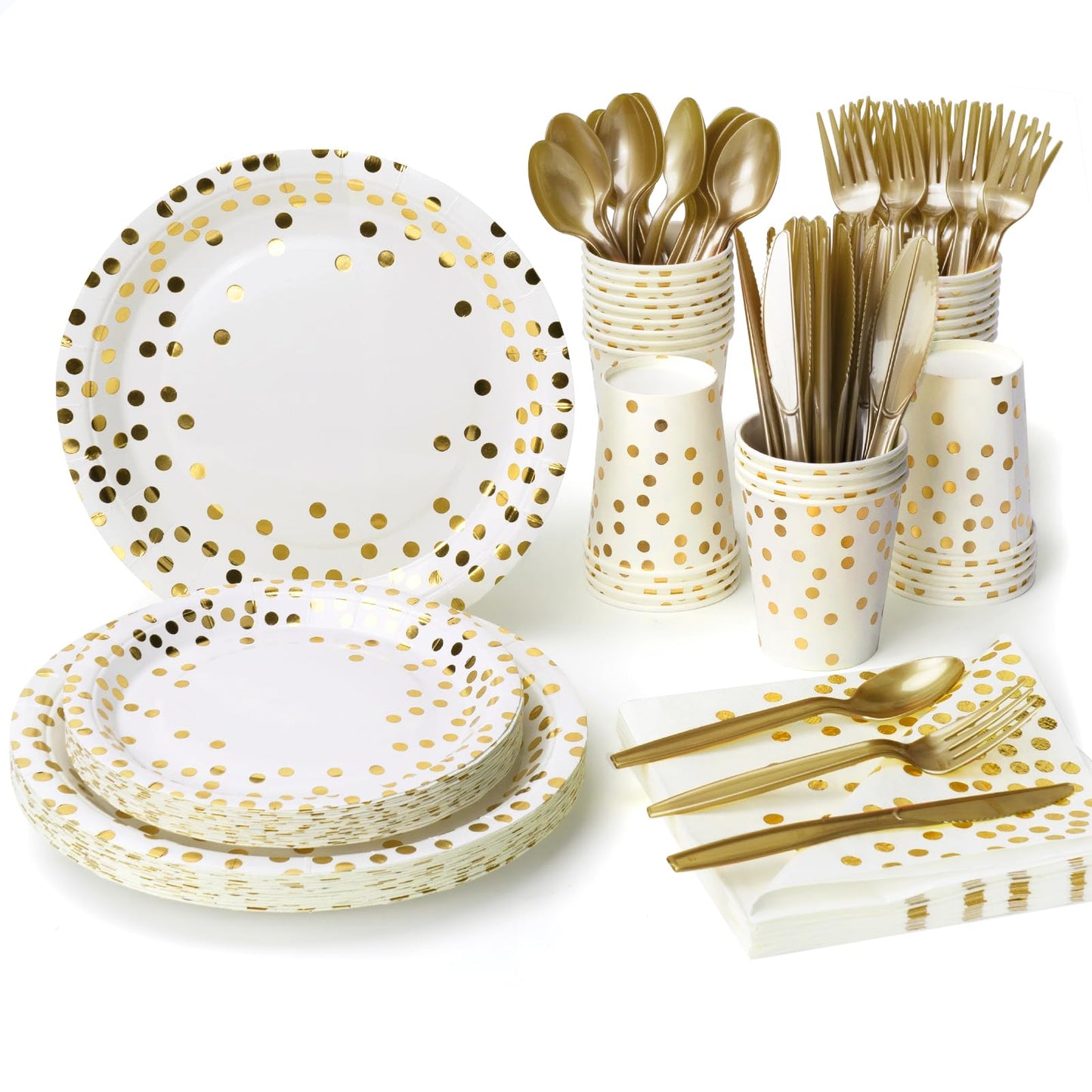 Lzerking Party Supplies Set - 210 Pieces of White and Gold Dot Paper Plates, Cups, Napkins, and Heavy Duty Silverware for 30 Guests for Birthdays