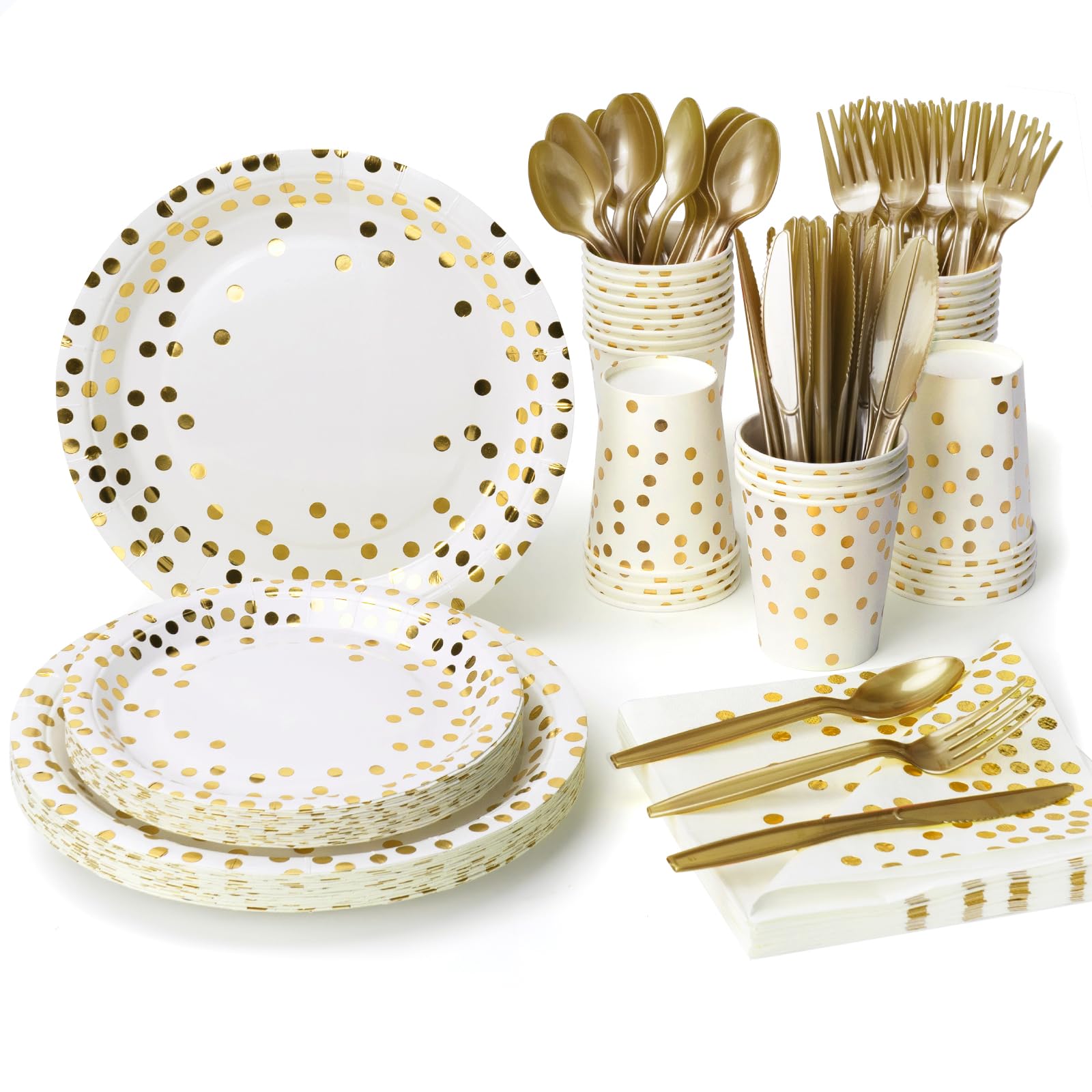 Lzerking Party Supplies Set - 210 Pieces of White and Gold Dot Paper Plates, Cups, Napkins, and Heavy Duty Silverware for 30 Guests for Birthdays