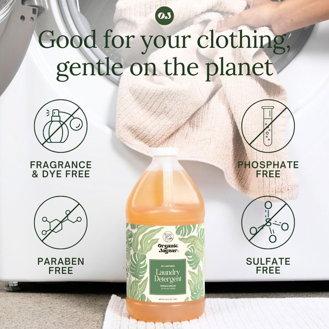 Organic Jaguar Laundry Detergent, Spring Breeze, Up to 64 Loads, 100% Natural Formula with Essential Oils, Gentle & Effective Formula Without Harsh