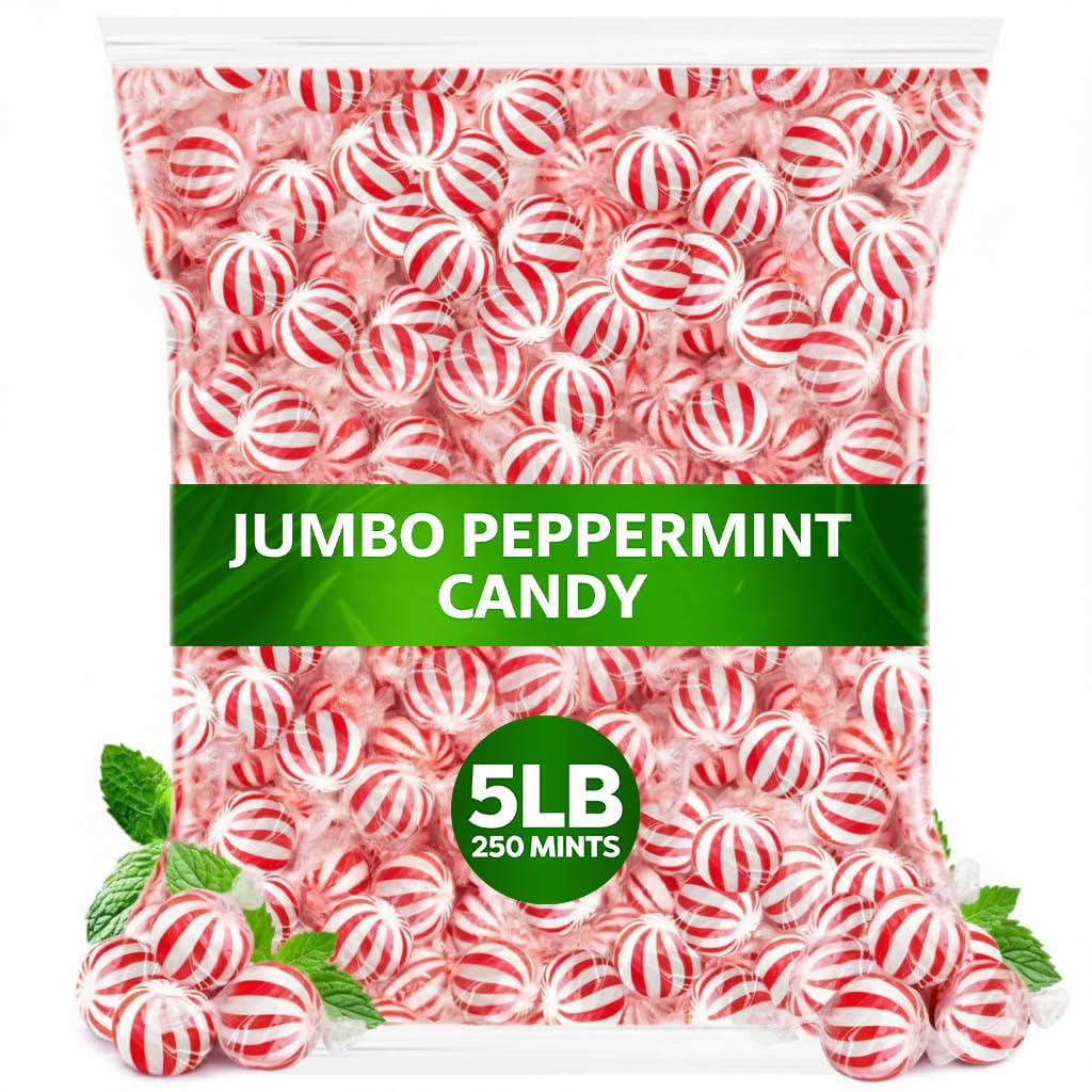 Peppermint Hard Candy 5 Pound Bulk Jumbo Peppermint Candy Balls, Approx 250 Individually Wrapped Mint Balls for Office Bowls, Christmas Candy Jars