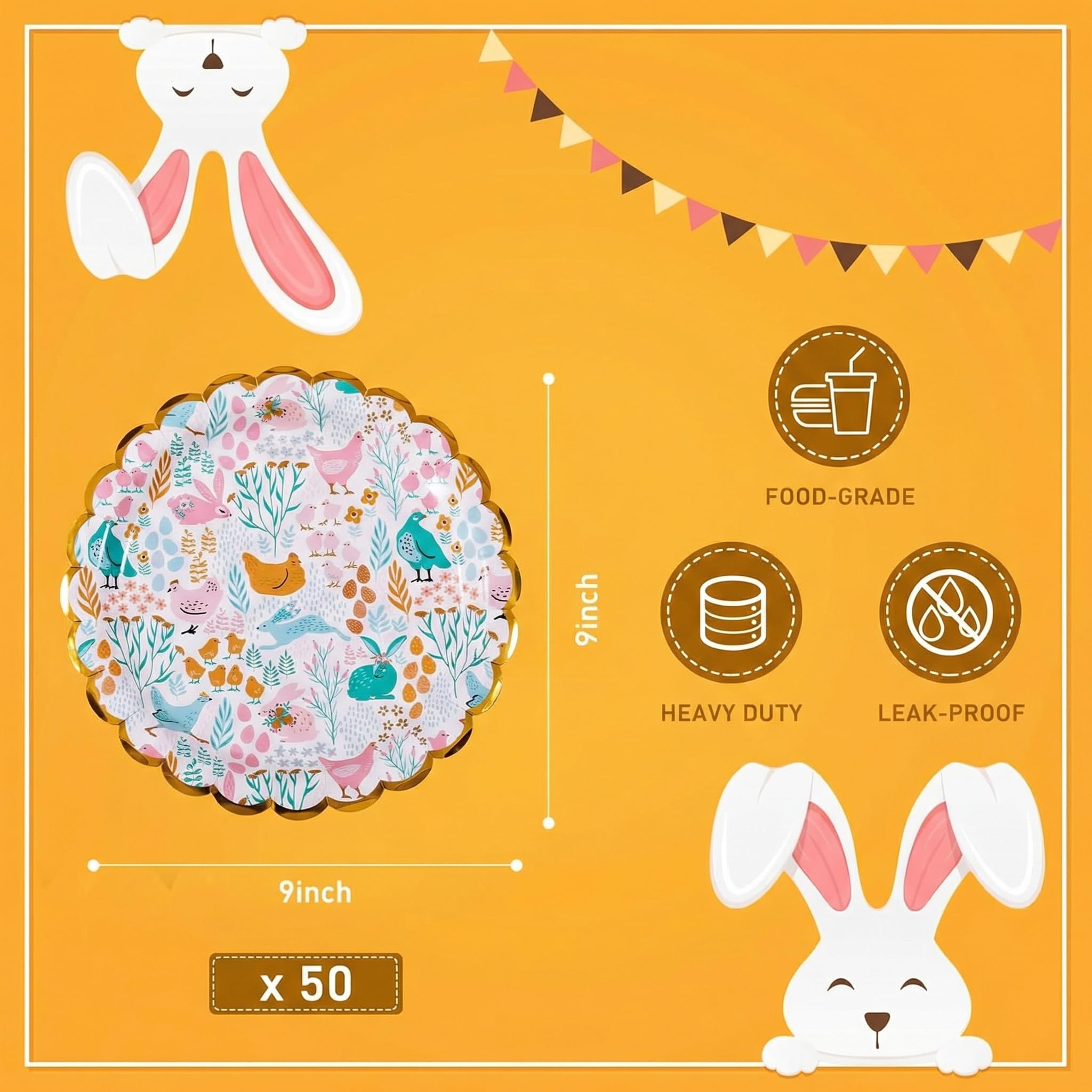 KTCNMER Easter Paper Plates Bulk 50 pcs 9 in Dinner Disposable Plates Heavy-duty for Easter Party Supplies, Gold Foil Scalloped Edge