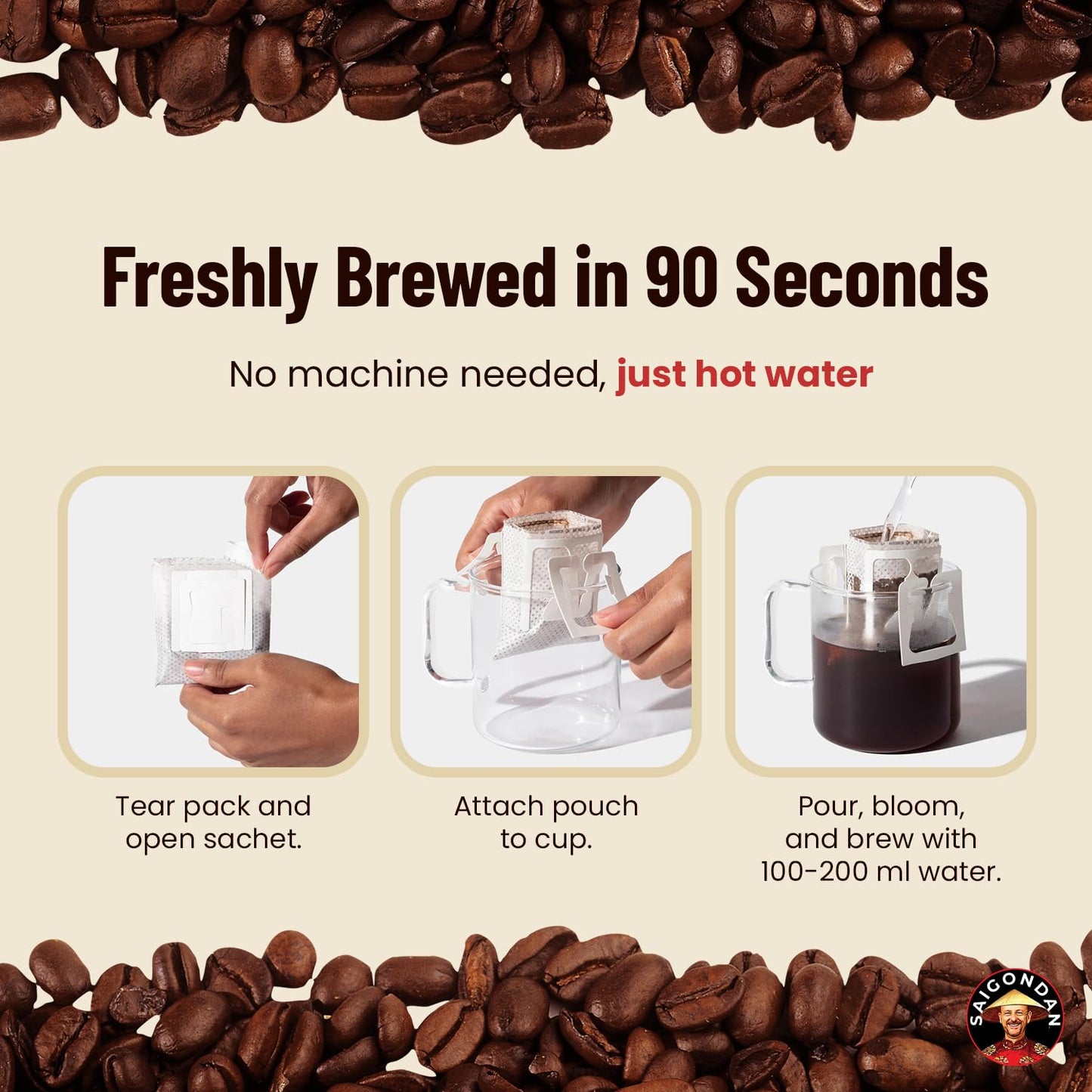 Joyful Pour Over Vietnamese Coffee - Saigondan Single Serve Coffee Sachets | Medium Roast 100% Arabica Bourbon | Instant Specialty Coffee for Travel