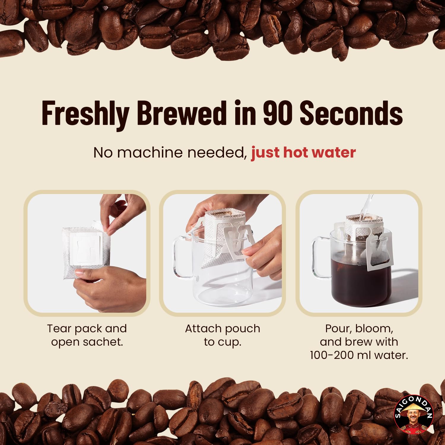 Joyful Pour Over Vietnamese Coffee - Saigondan Single Serve Coffee Sachets | Medium Roast 100% Arabica Bourbon | Instant Specialty Coffee for Travel