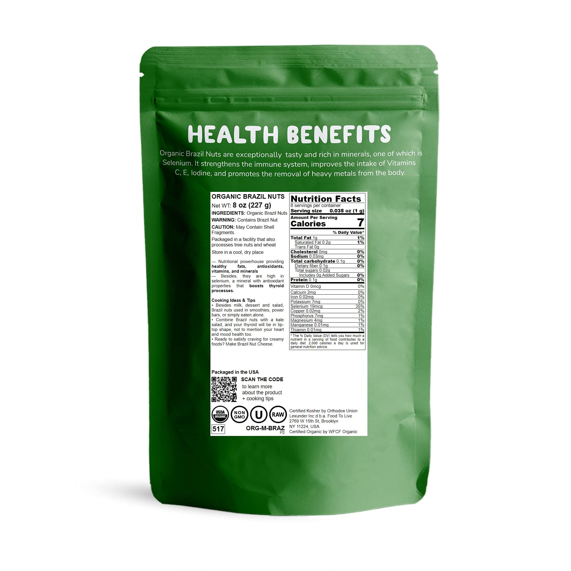 Food to Live - Organic Brazil Nuts, 8 Ounces - Non-GMO, Raw, Whole, No Shell, Unsalted, Kosher, Vegan, Keto, Paleo Friendly, Bulk, Rich in Selenium