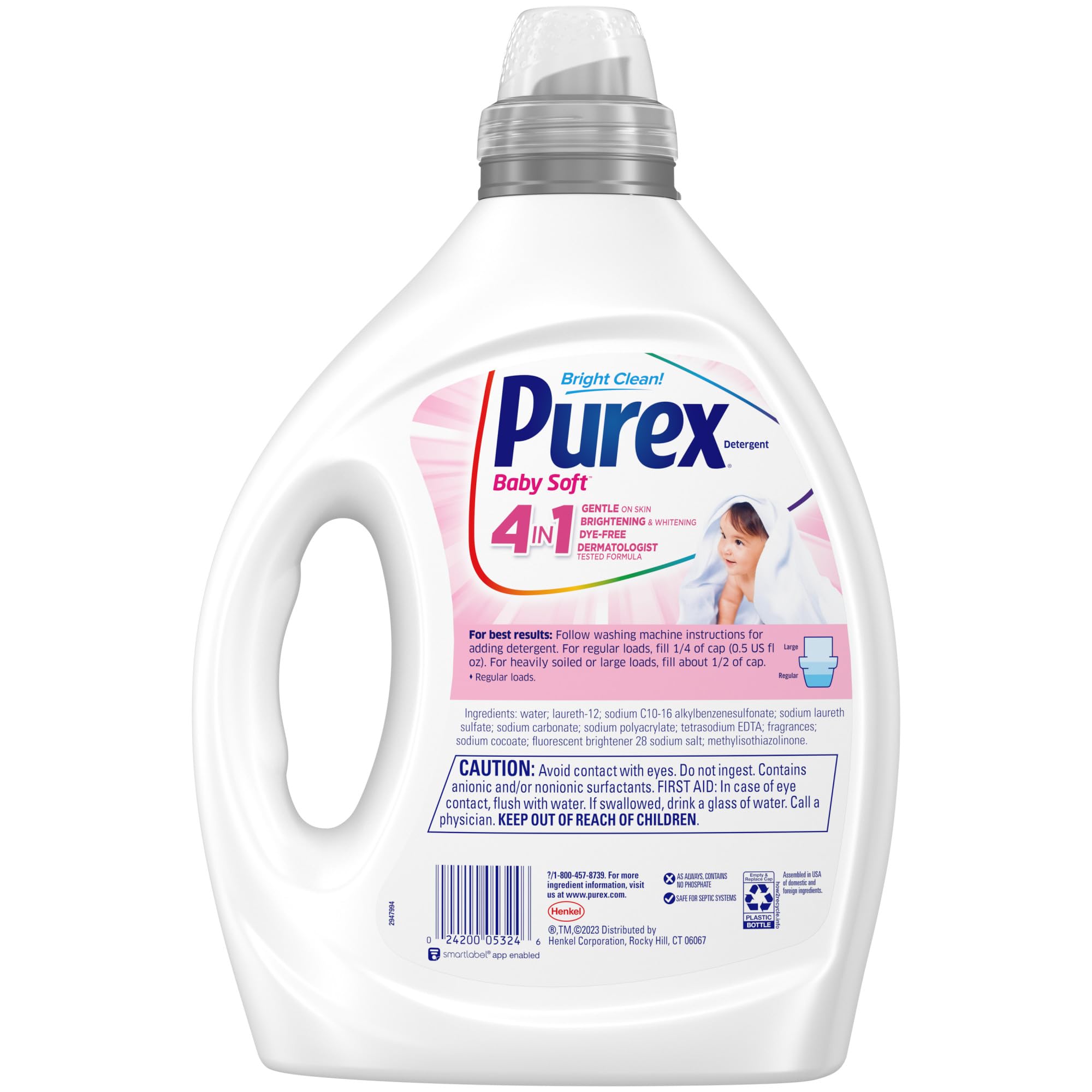 Purex Baby Soft Liquid Laundry Detergent, Ultra Concentrated, 82.5 fl oz, 165 Loads, Hypoallergenic, Dye Free, Gentle on Skin