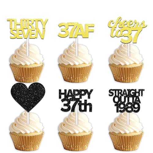 18pcs Black Gold Glitter Dessert Cupcake Pick for Straight Outta 1989 Cheer to 37 Years Old Theme Decor Supplies Happy 37th Birthday Party Decoration