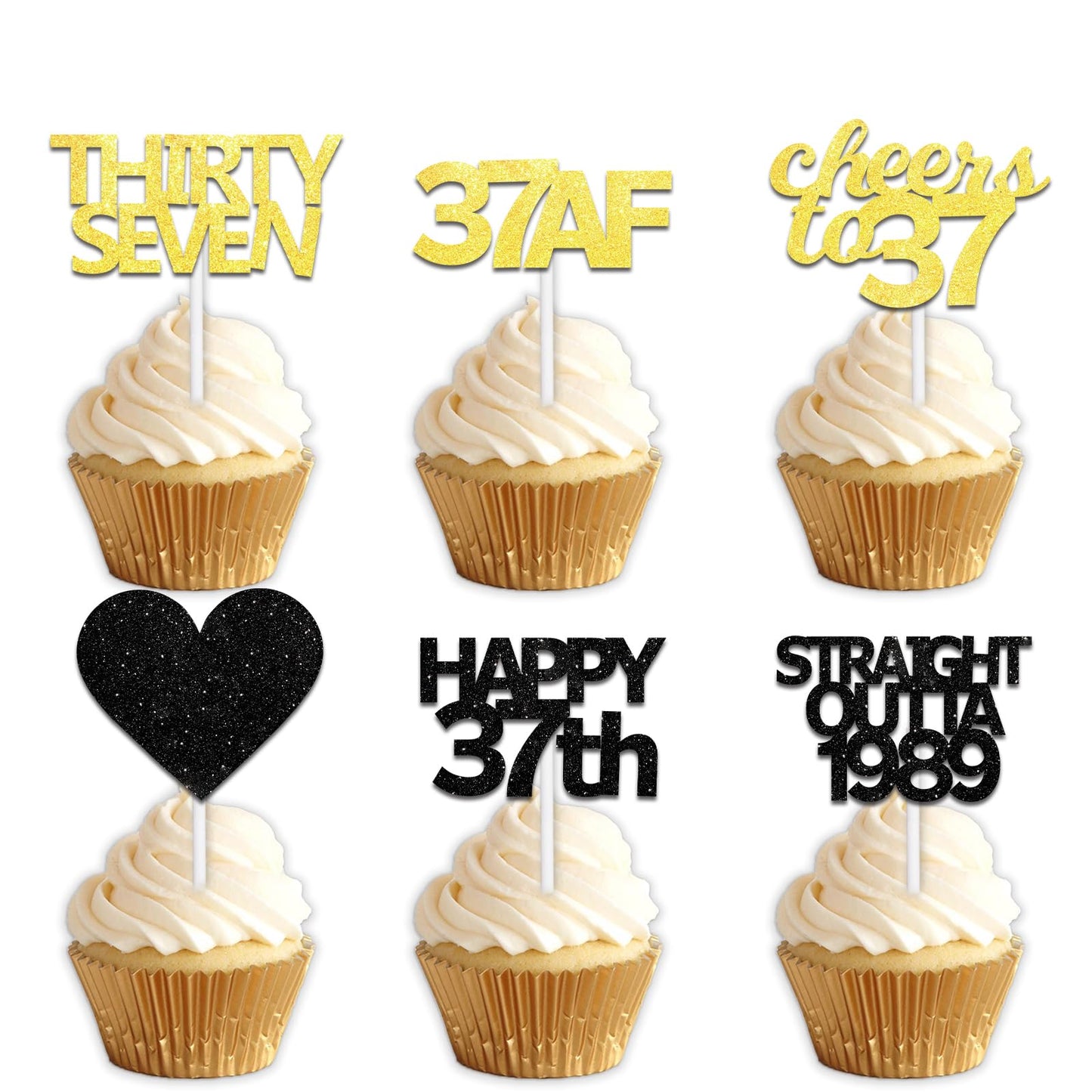 18pcs Black Gold Glitter Dessert Cupcake Pick for Straight Outta 1989 Cheer to 37 Years Old Theme Decor Supplies Happy 37th Birthday Party Decoration