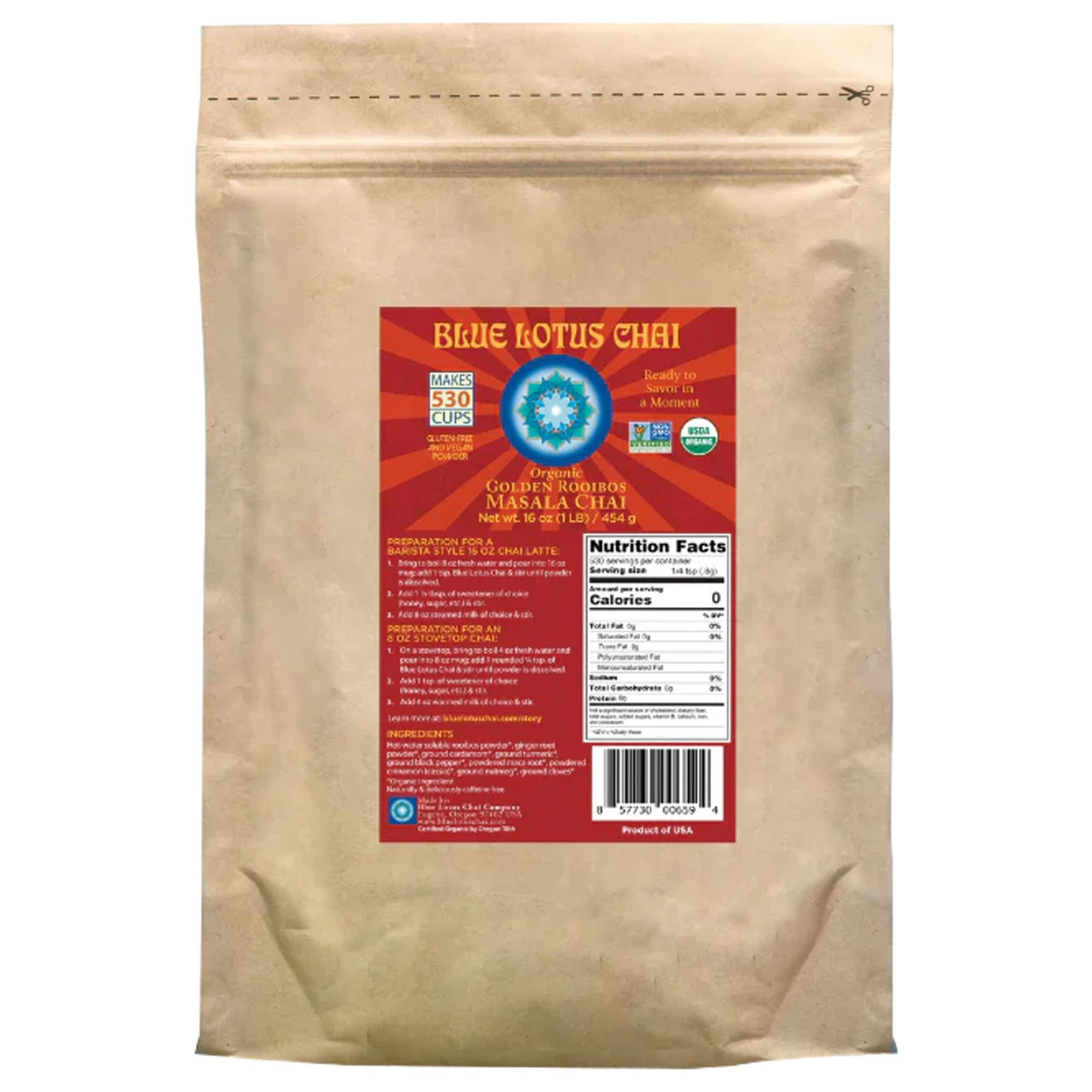 Blue Lotus Chai - Golden Rooibos Masala Chai - Makes 530 Cups - 1 Pound Bulk Bag Masala Spiced Chai Powder with Organic Spices - Instant Indian Tea No