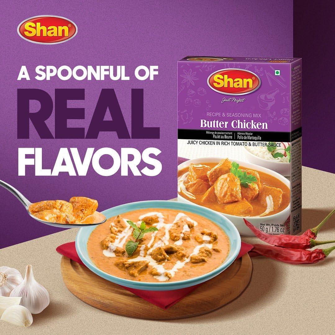 Shan Butter Chicken Recipe and Seasoning Mix 1.76 oz (50g) - Spice Powder for Juicy Chicken in Rich Tomato and Butter Sauce - Suitable for Vegetarians