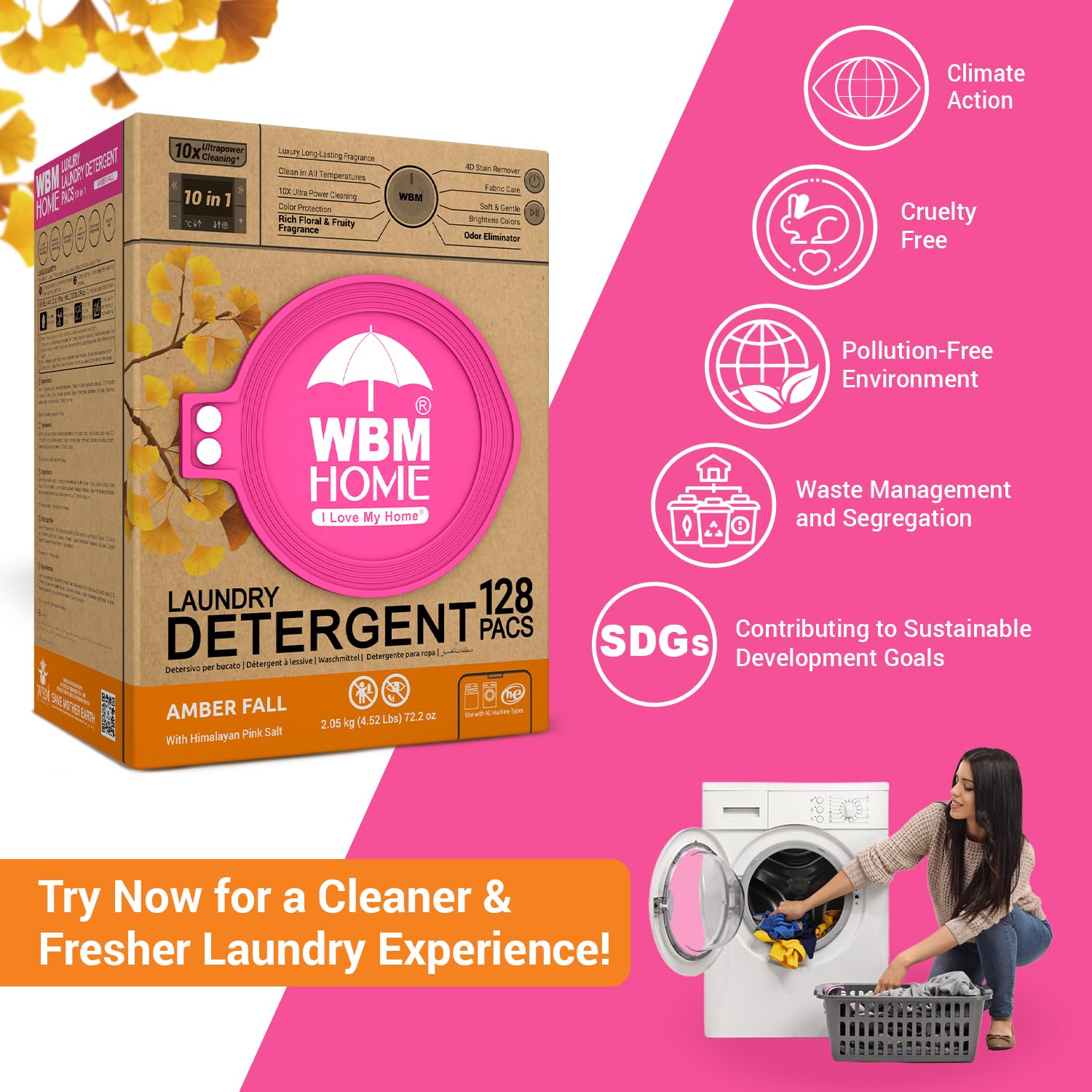 WBM Home Laundry Detergent Pods, Total 128 Count | Amber Fall Fragrance | 10 in 1 Laundry pods Detergent Ultra Power Cleaning with Plant-Based Scent