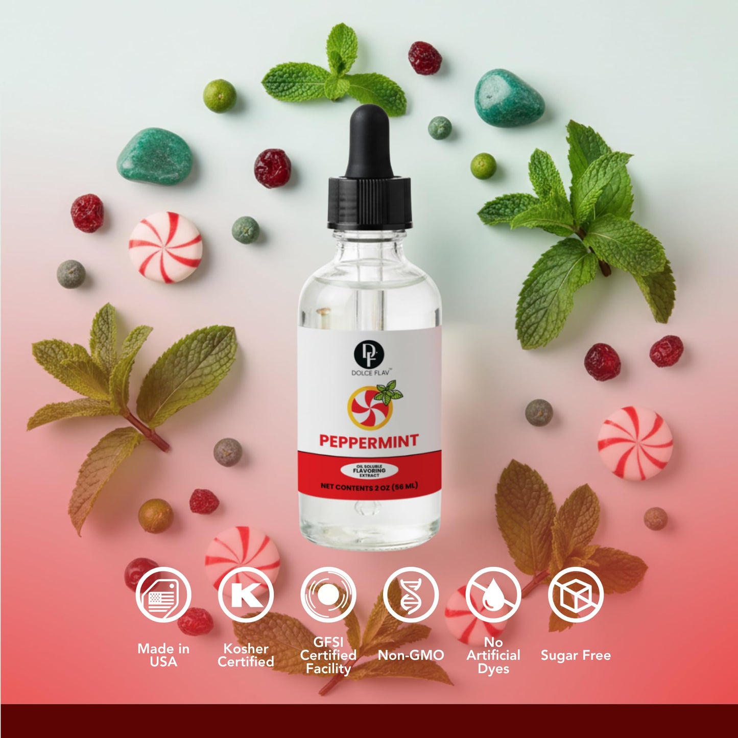 Dolce Flav Natural Peppermint Extract - 2 Ounce Oil-Soluble Kosher, Sugar-Free, Concentrated Pure Mint Flavor for Hard Candy, Chocolates & Baking