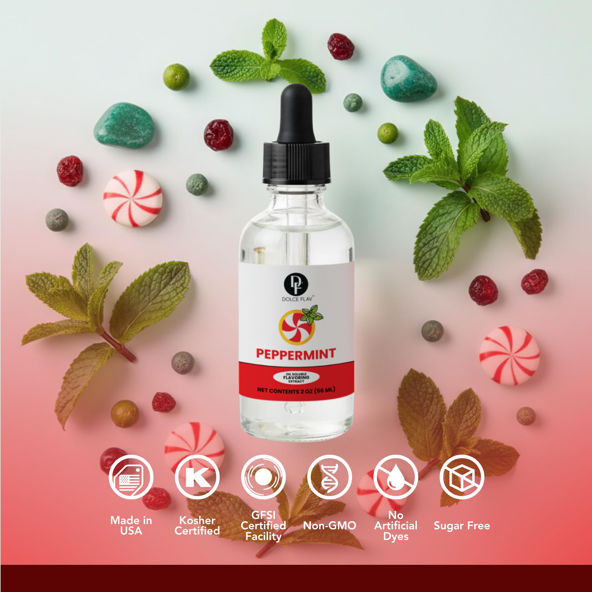 Dolce Flav Natural Peppermint Extract - 2 Ounce Oil-Soluble Kosher, Sugar-Free, Concentrated Pure Mint Flavor for Hard Candy, Chocolates & Baking
