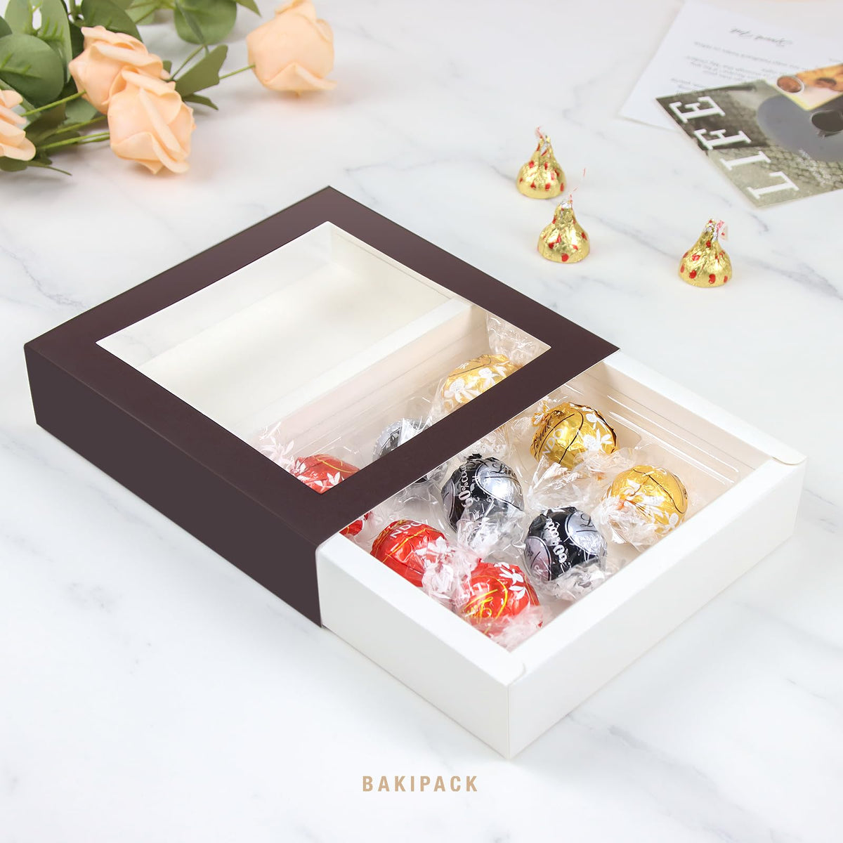 BAKIPACK 12 Brown Truffle Boxes with 9-Piece Plastic Tray, Chocolates Boxes