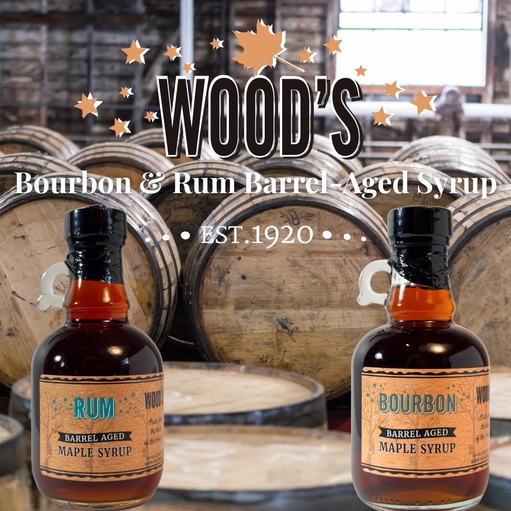 WOOD'S Vermont Bourbon Barrel Aged Maple Syrup - Premium Maple Syrup with Rich Flavor & Subtle Bourbon Notes - Ideal for Pancakes, Desserts