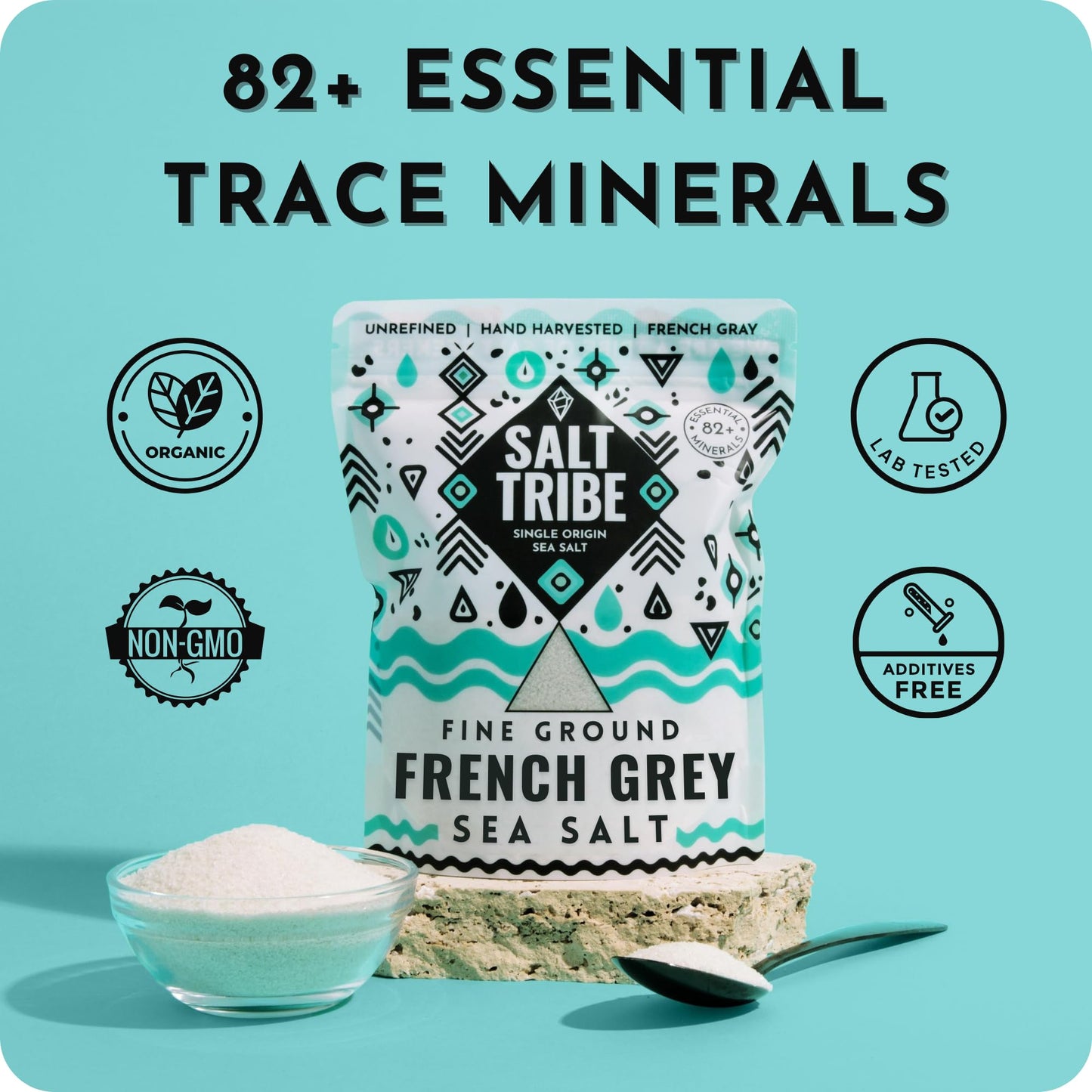 Salt Tribe French Grey Sea Salt | Fine Ground | 82 Minerals | Hand Harvested Brittany France | Low Sodium Unrefined | Sel Gris | Sal Organica | Single