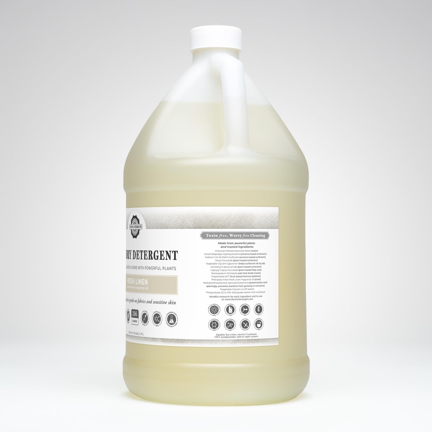 Rustic Strength Natural Laundry Detergent, Fresh Linen Scent, Liquid, Color Safe, Sensitive Skin, HE Compatible, 1 Gallon Plastic