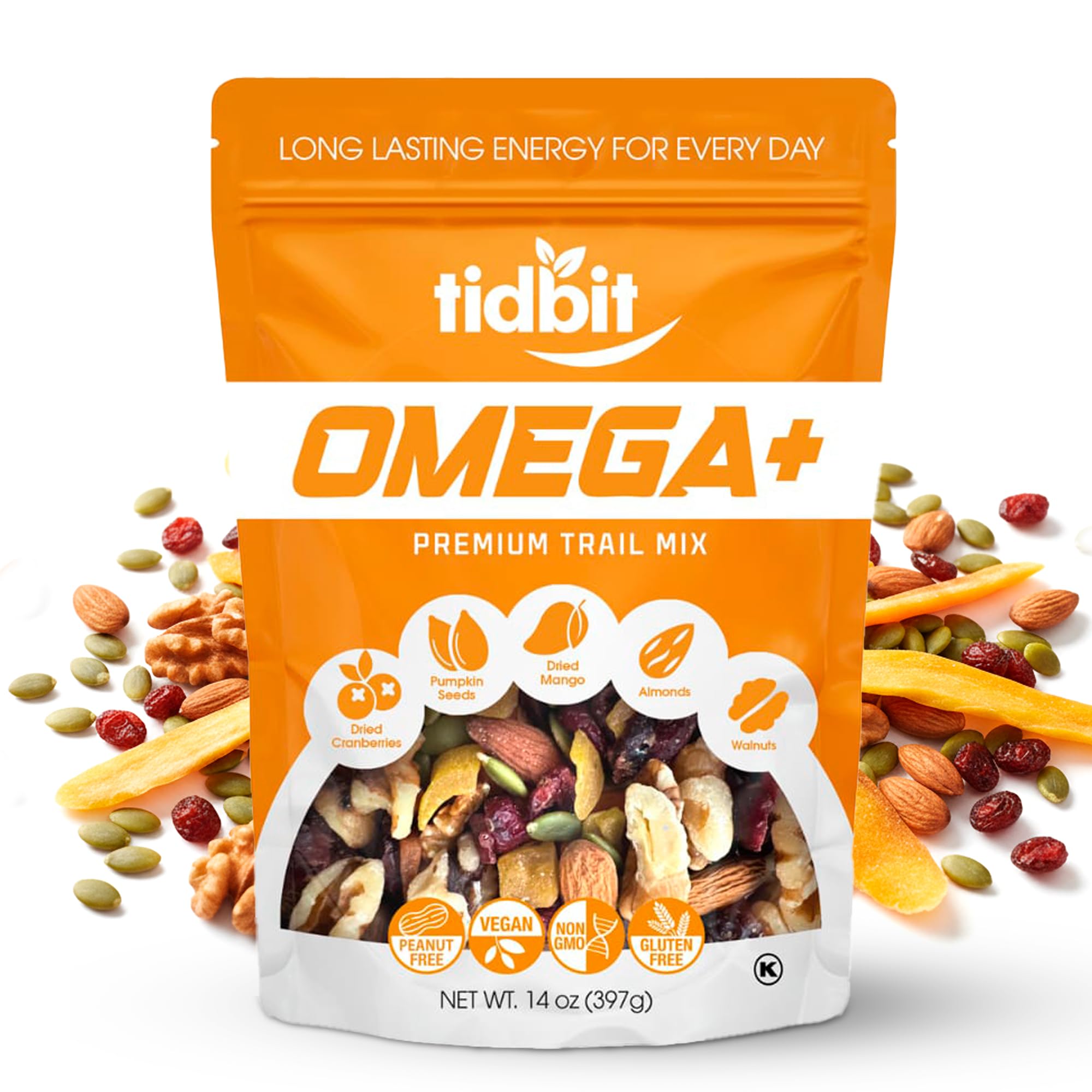Tidbit Peanut Free Healthy Trail Mix with Almonds, Walnuts, Pumpkin Seeds, Dried Mango & Cranberries - Mixed Nuts with Omega Energy, Vegan Gluten Free