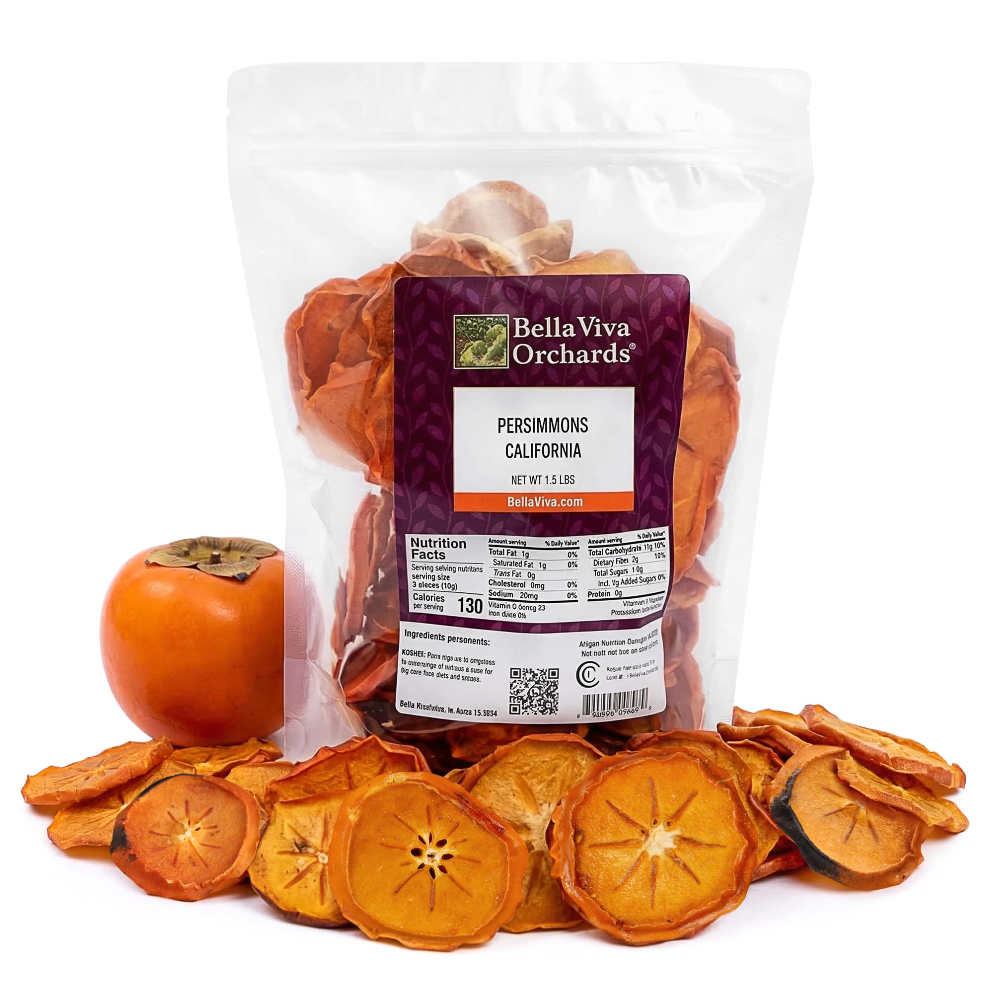 Bella Viva Dried Persimmons, 1.5 lb - California Dried, Upcycled Persimmon Slices - No Sugar Added, No Sulfites - Soft & Chewy Dry Persimmon Fruit