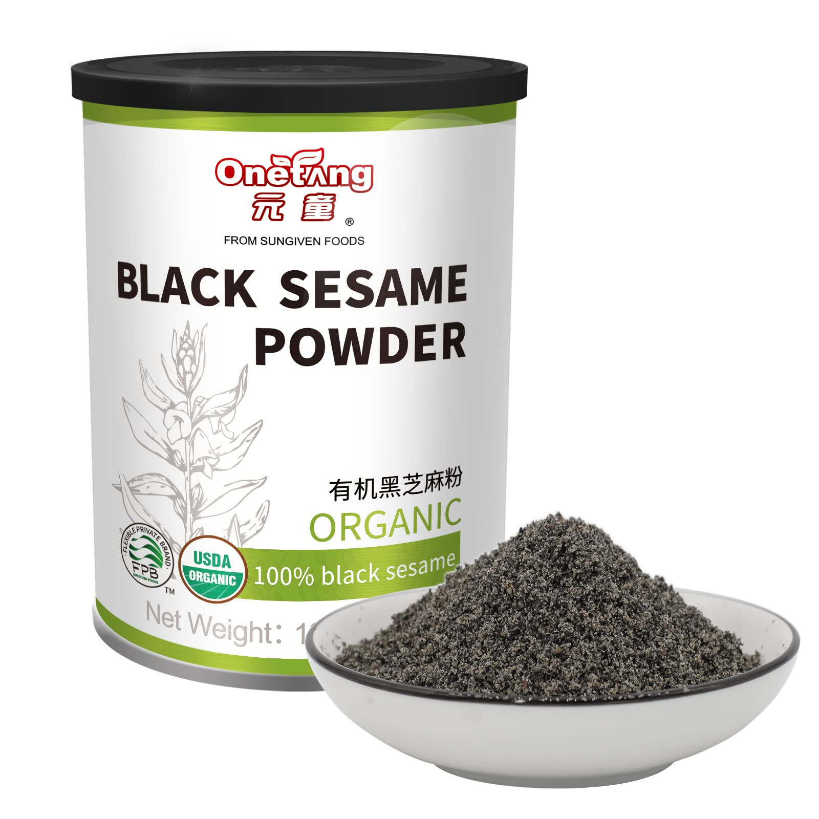 ONETANG Organic Black Sesame Powder,Plant Based,Gluten-Free,Vegan,Protein Source No Sugar,Low Temp Roasted,Halal,Non-GMO,Black Sesame Paste 12.36 Oz
