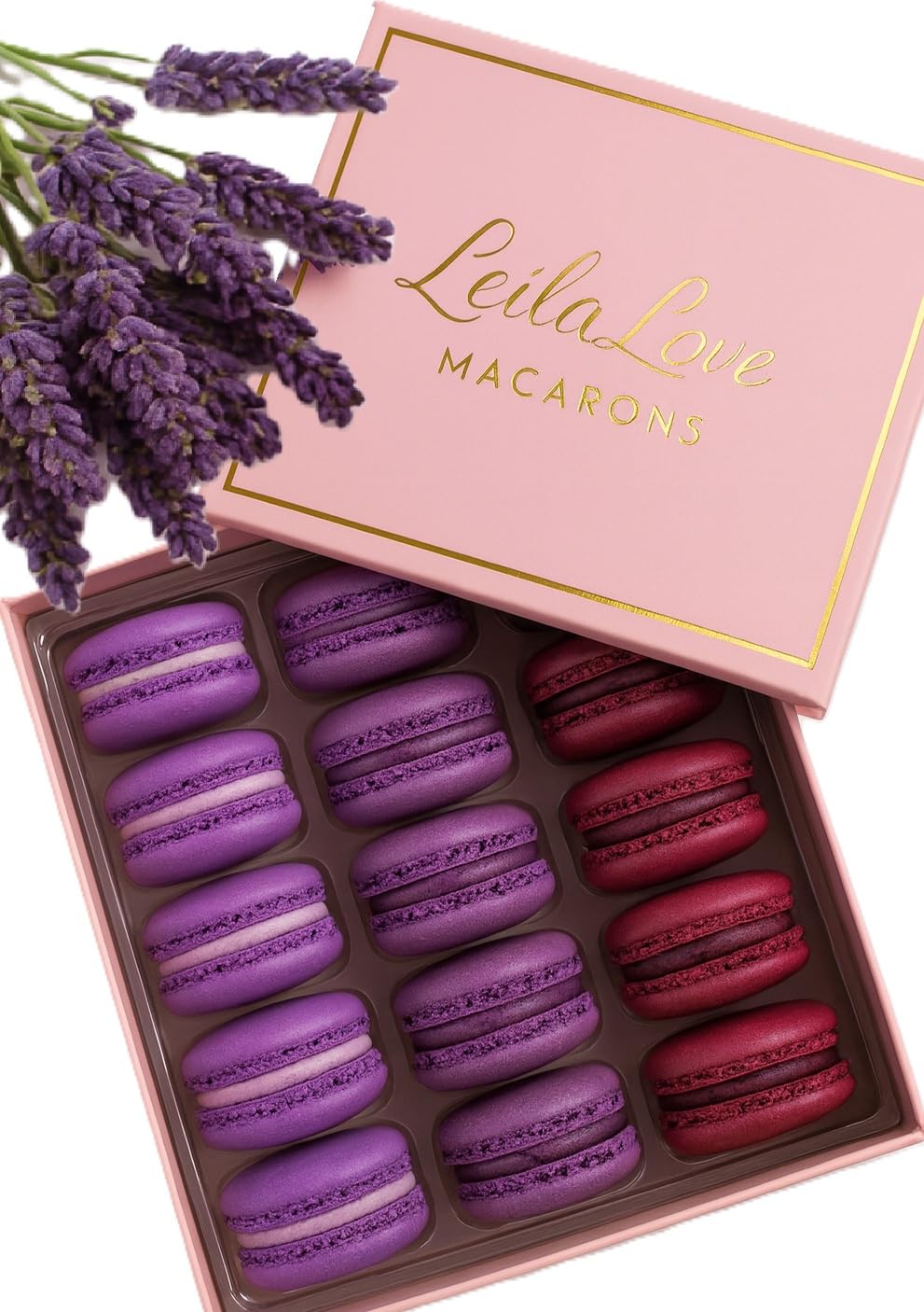 LeilaLove Macarons - 15 Count - Lavender Honey, Blueberry Lemon & Passion Fruit - Purple Hue - Elegant Dessert Treats for Gifting & Celebrations
