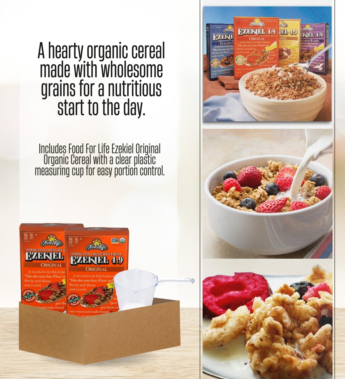 Ezekiel Cereal - 2x Original Org, 16 OZ. Bundle with Plastic Clear Measuring Cup - Organic- Made from Sprouted Whole Grains for Nutritious Breakfast