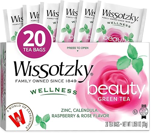 Wissotzky Wellness Beauty Green Tea, 20 Tea Bags | With Rooibos, Calendula, Raspberry & Rose | Radiance-Supporting Herbal Blend | Antioxidant-Rich |