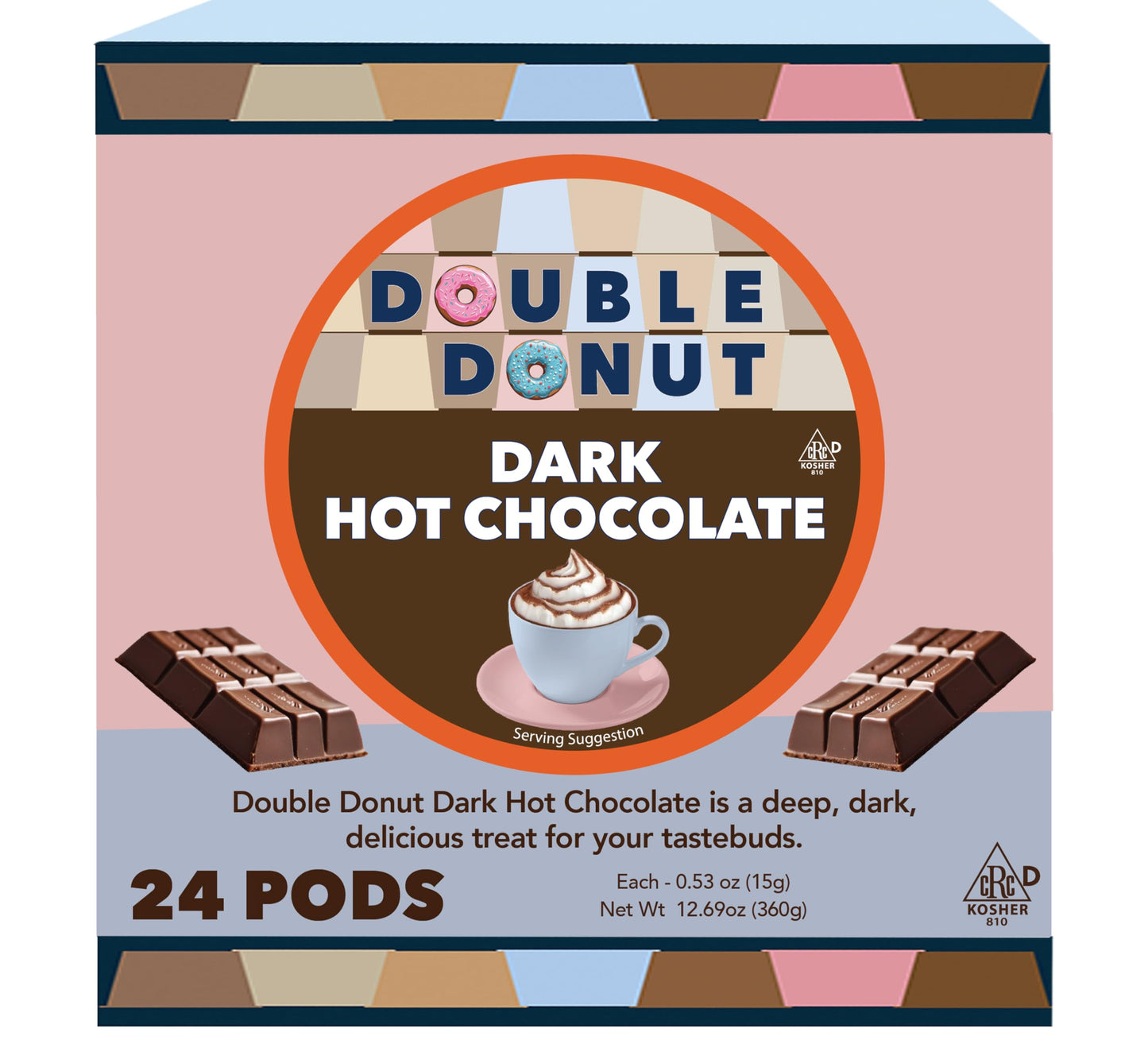 Double Donut Coffee Dark Hot Chocolate Pods for Keurig K Cups Brewers, Single Serve Dark Hot Cocoa Pods, 24 Count
