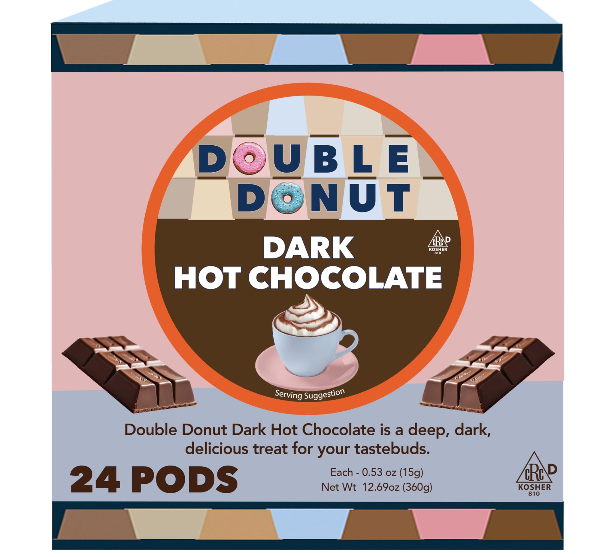 Double Donut Coffee Dark Hot Chocolate Pods for Keurig K Cups Brewers, Single Serve Dark Hot Cocoa Pods, 24 Count