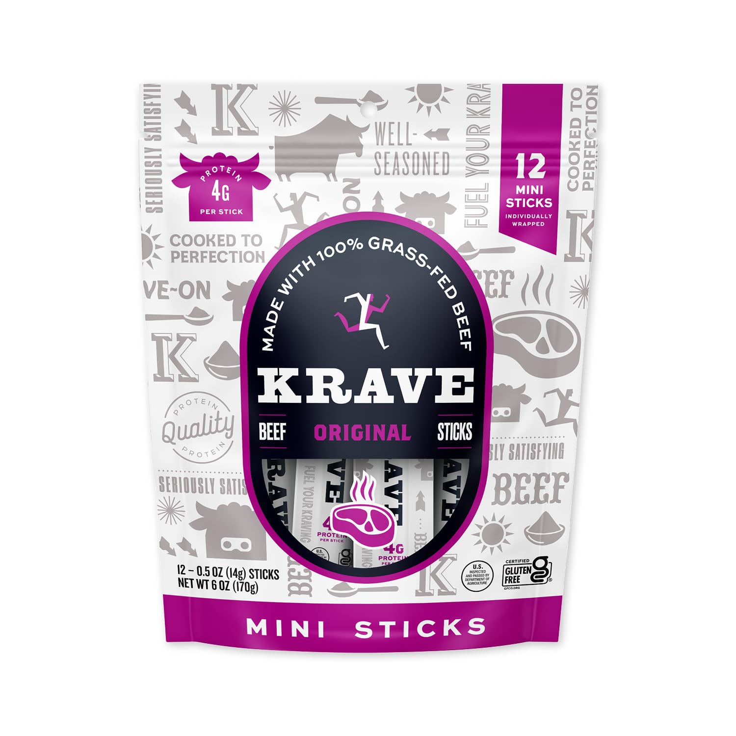 Krave, Meat Sticks Minis, Original Beef flavor - (0.5 Ounce Sticks, Pack of 12) - 100% Grass Fed Beef, 45 Calories Per Stick, Good Source of Protein