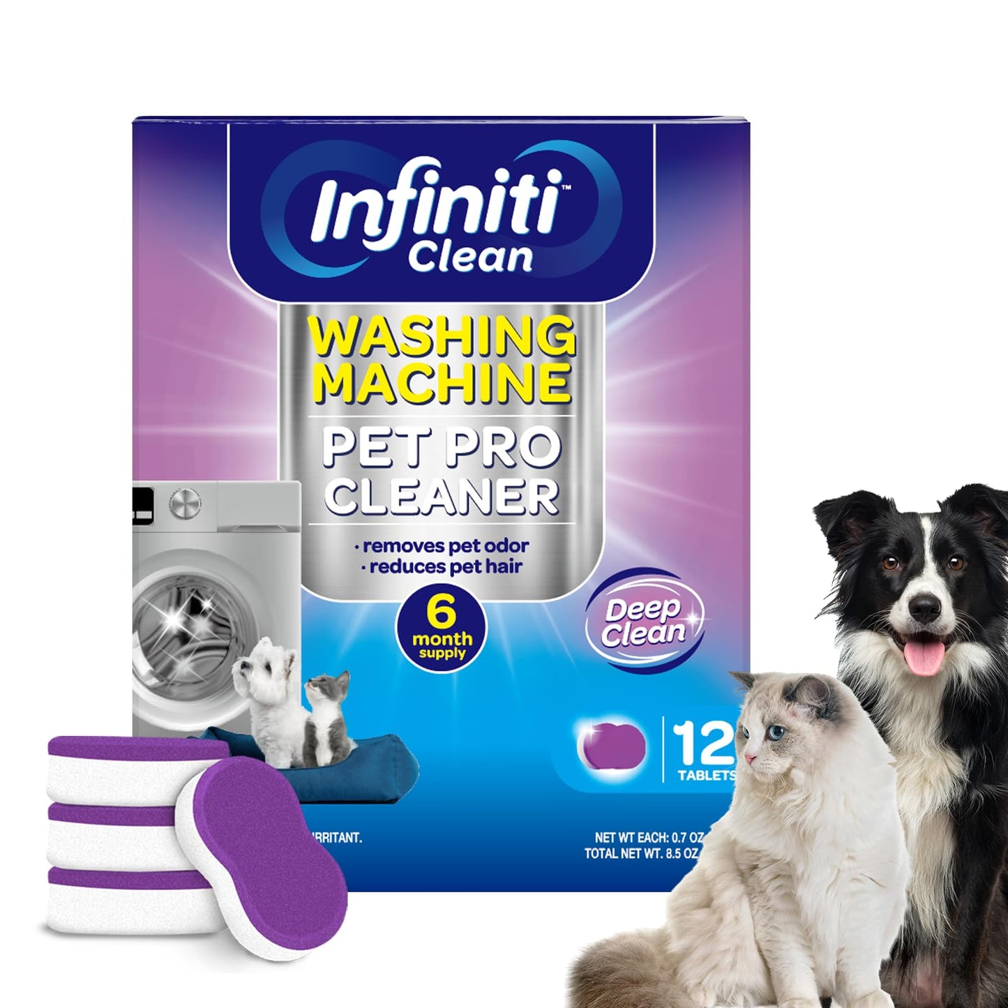 Washing Machine Cleaner Tablets 12 Pack, Formulated for Pet Owners, 8.5oz Washer Machine Cleaner Tablets, Deep Cleaning Descaler for HE, Top & Front