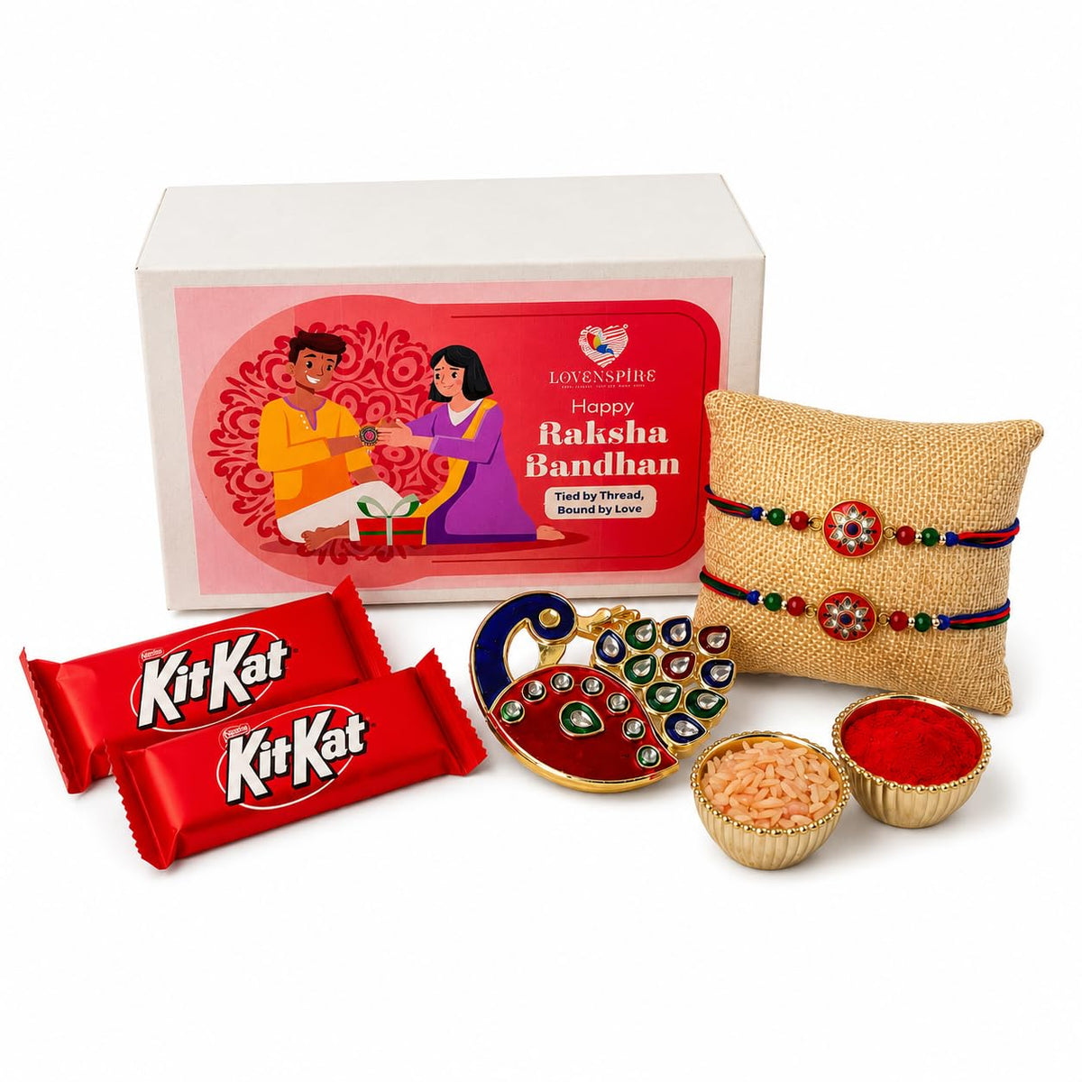 LOVENSPIRE Designer Rakhi Gift Hamper Set for Brother & Bhabhi - Includes 2 Rakhi Bracelet, Haldi Kumkum Holder, Chocolates, Roli Chawal & Gift Box