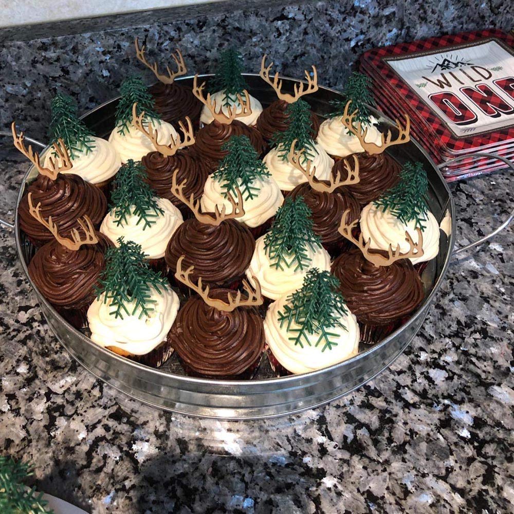 AUMIO Deer Cupcake Toppers Wooden Baby Shower Woodland Antler Cake Picks Party Decorations Wedding Hunting Boho Rustic Country Birthday Party Supplies
