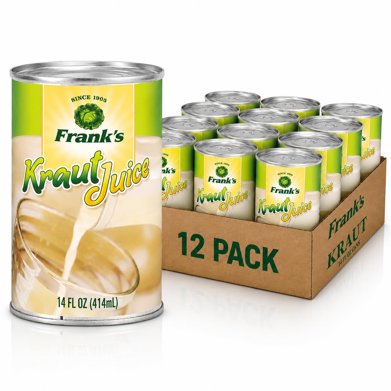 Frank’s Kraut Juice 14oz Cans (12 Pack) - Tangy Sauerkraut Juice from Naturally Fermented Cabbage | Gluten-Free, Vegan, Shelf-Stable | Great