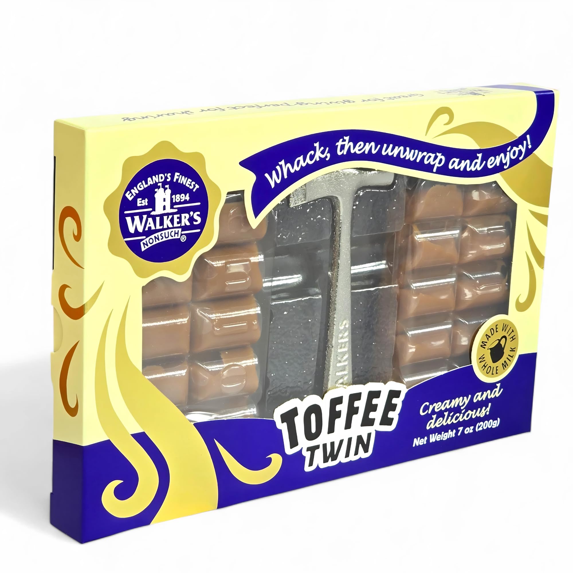 Walkers Nonsuch Twin Toffee Hammer Pack, 7 oz (200g) - Original Creamy English Hard Toffee Candy Bars with Hammer, Traditional British Sweets Novelty
