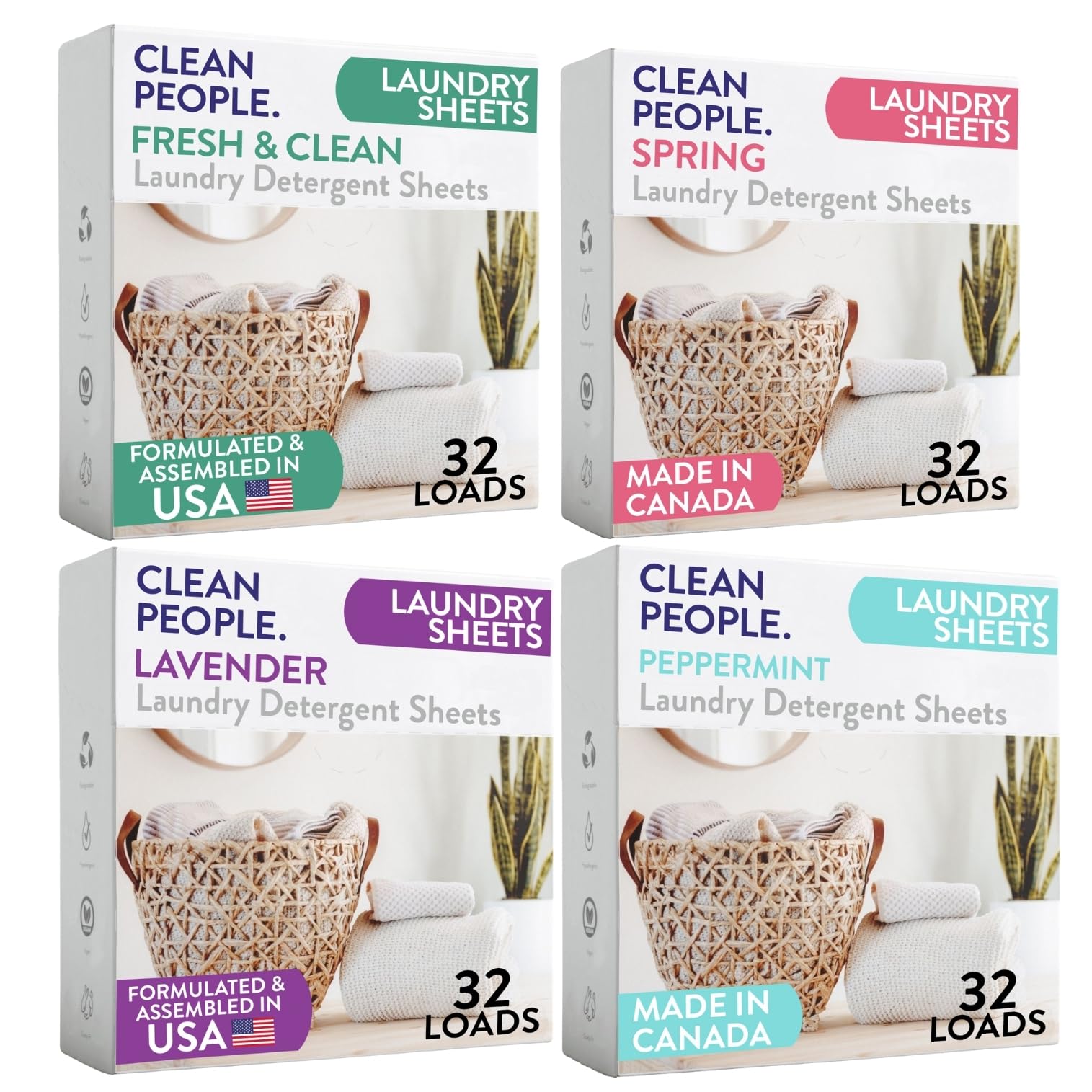 Clean People Laundry Detergent Sheets- Recyclable Packaging, Hypoallergenic, Stain Fighting, Works with All Machines including HE (128 Count, Variety