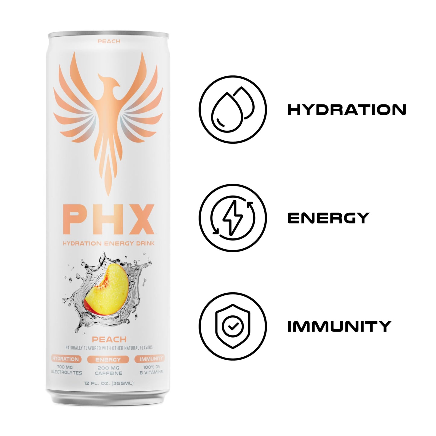 PHX Hydration Energy Drink - 700mg Electrolytes, 200mg Natural Green Tea Caffeine, 100% Daily Value 8 Essential Vitamins - 12 oz Cans (12 Pack) (12