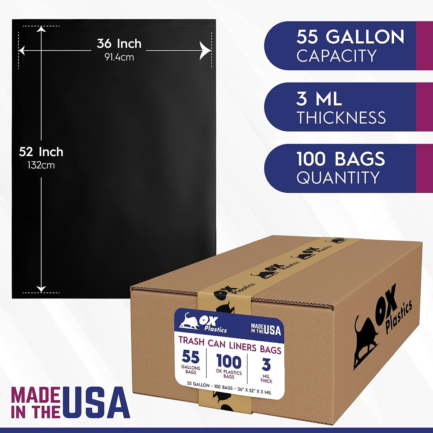 55 Gallon Trash Bags Heavy Duty - Large Black Contractor Bags 36x52" - Industrial, Yard Waste, Lawn & Leaf, Construction Garbage Can Liners - Made in