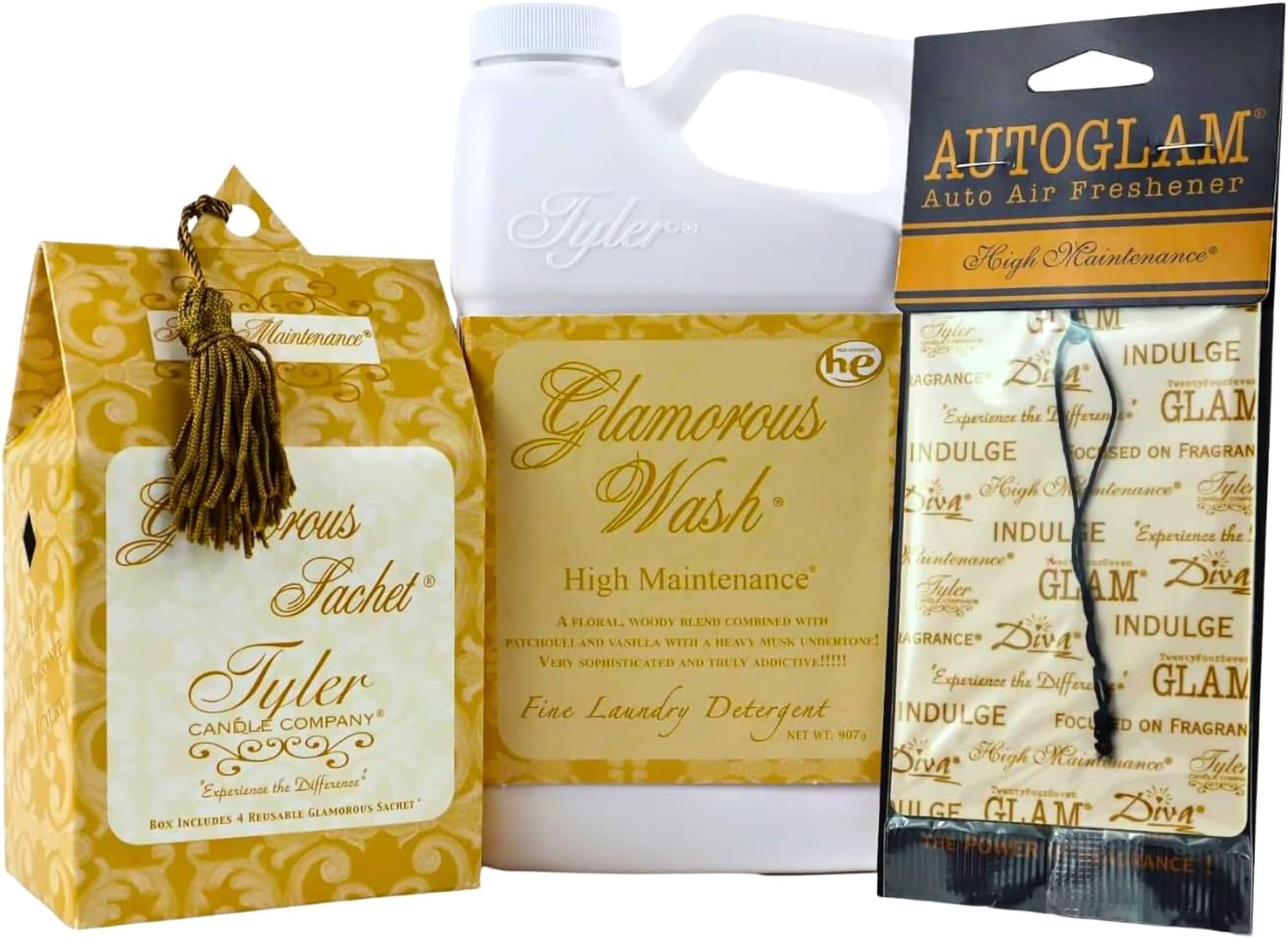 Elanze Designs Tyler Candle Glamorous Wash 32 Ounce, Scented Sachet, and Autoglam Air Freshener, 3 Piece Gift Bundle Set, High Maintenance Fragrance