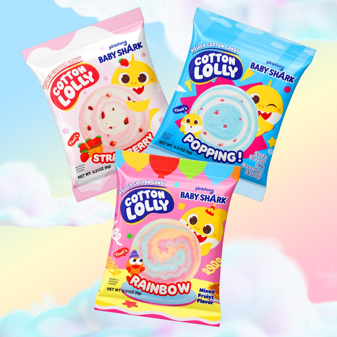 Cotton Lolly Baby Shark Strawberry Cotton Candy 0.21oz 10 Packs