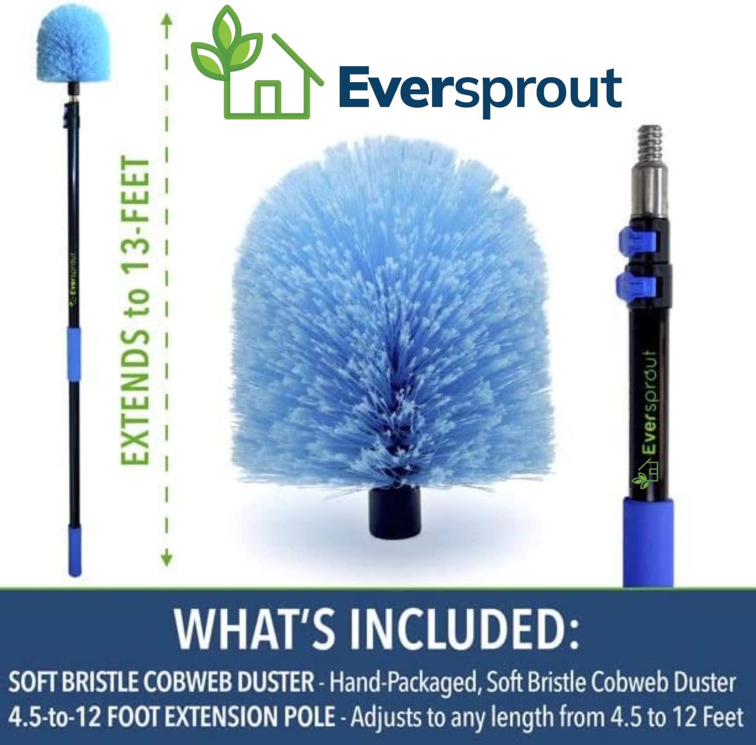 EVERSPROUT 5-to-12 Foot Cobweb Duster and Extension-Pole Combo (20 Foot Reach, Soft Bristles) | Hand Packaged | Lightweight, 3-Stage Aluminum Pole |