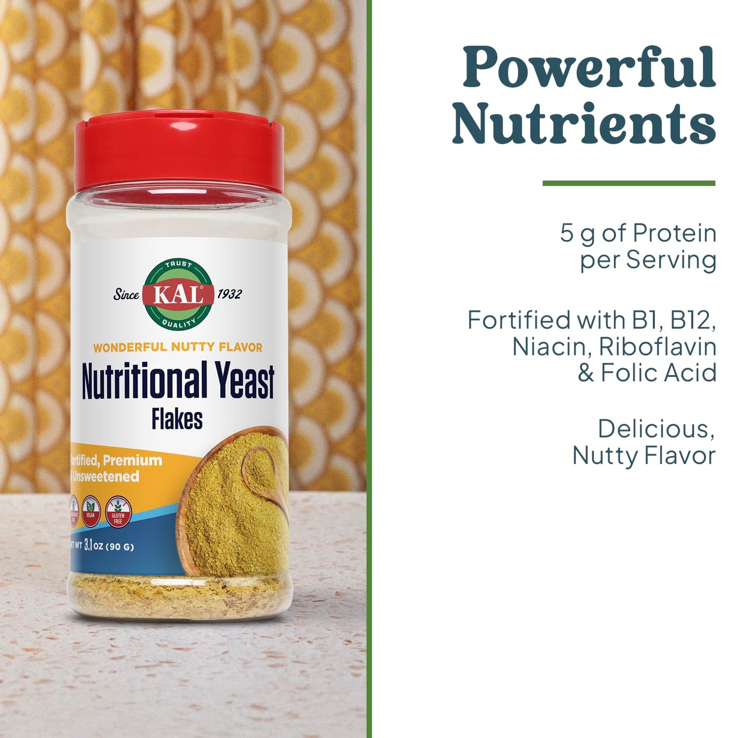 KAL Nutritional Yeast Flakes, Fortified with B12, Folic Acid & Other B Vitamins, Unsweetened, Great Nutty Flavor, Vegan & Gluten Free, 60-Day Money