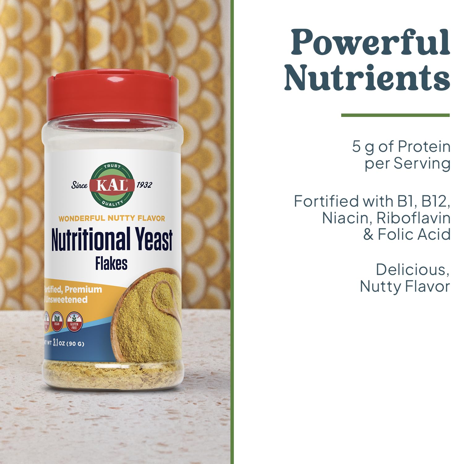 KAL Nutritional Yeast Flakes, Fortified with B12, Folic Acid & Other B Vitamins, Unsweetened, Great Nutty Flavor, Vegan & Gluten Free, 60-Day Money