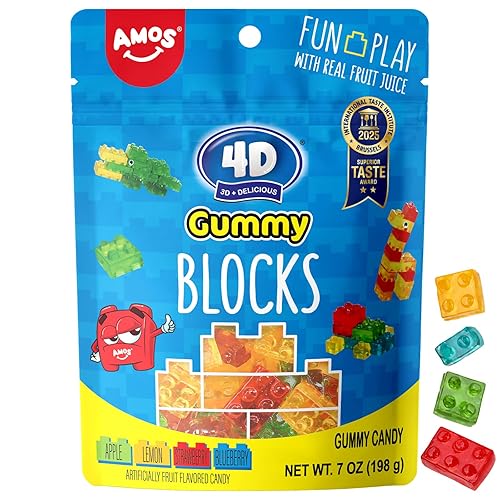 AMOS 4D Gummy Blocks - 7oz (198g) Fruit-Flavored Building Block Gummies, Fun Play Edible Candy with Real Fruit Juice, Artificial Flavor