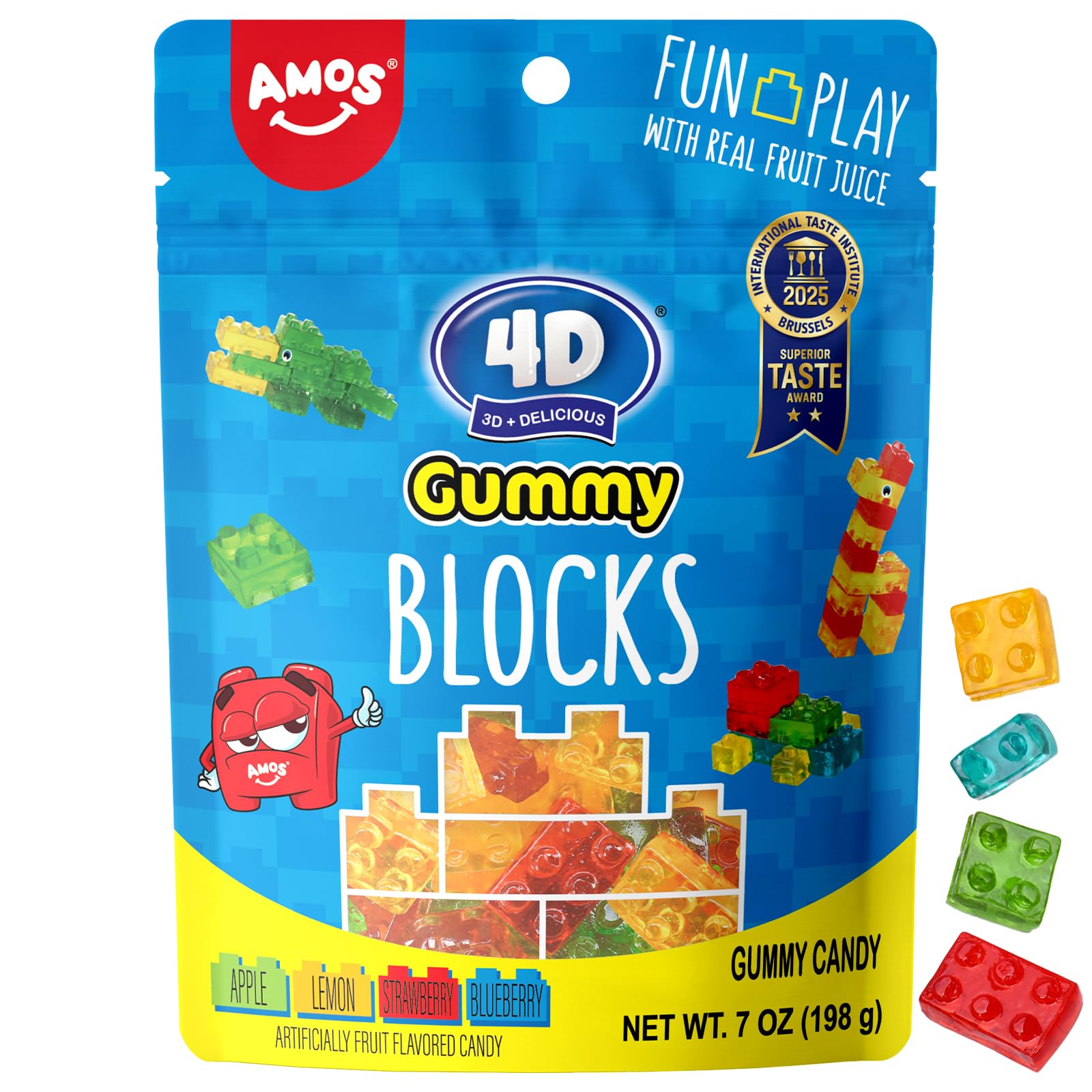 AMOS 4D Gummy Blocks - 7oz (198g) Fruit-Flavored Building Block Gummies, Fun Play Edible Candy with Real Fruit Juice, Artificial Flavor