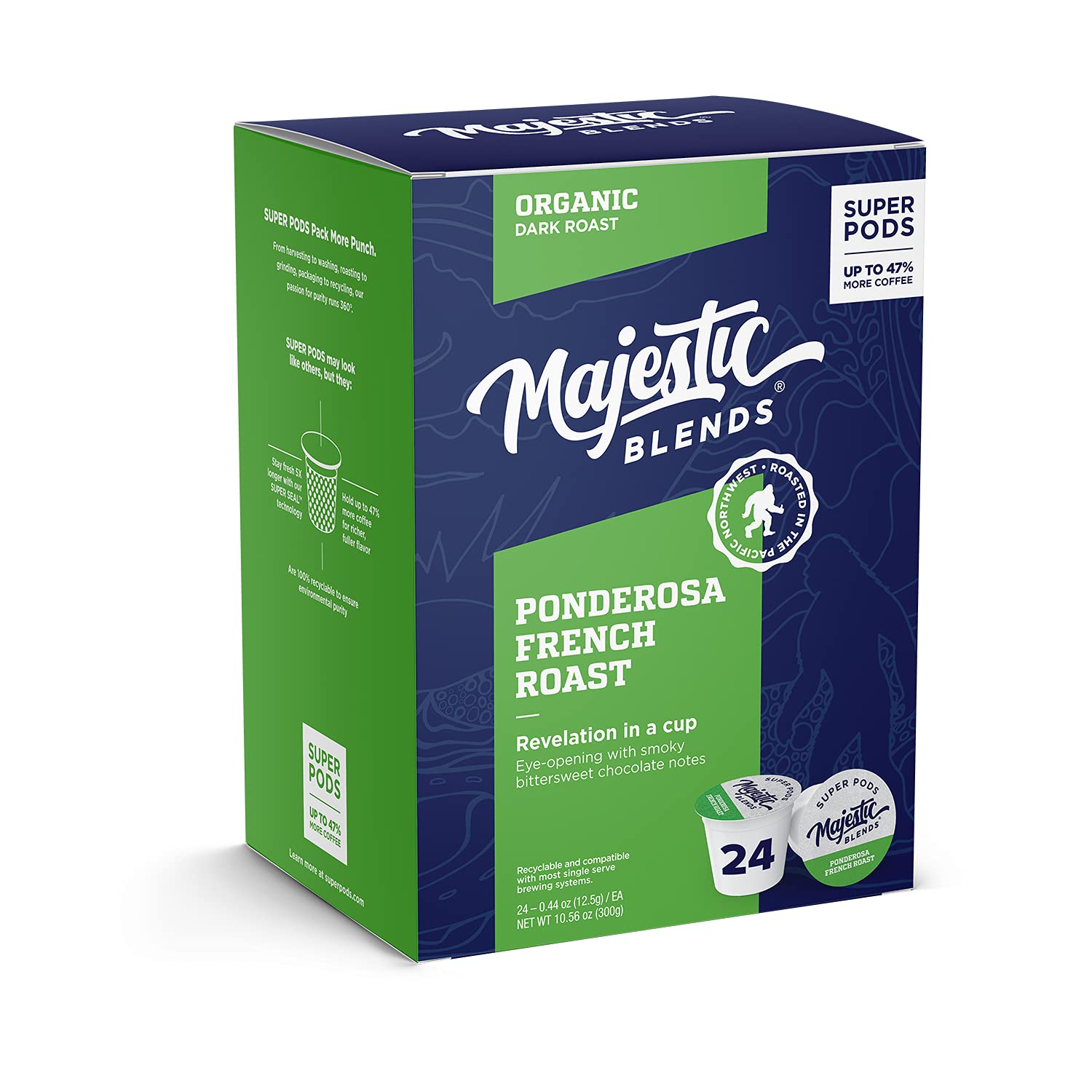 Majestic Blends Organic Coffee, Ponderosa French Roast SUPER PODS, Single Serve Coffee Pods, 24 count