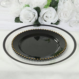 TCF Linen 10" Dinner Plates - Set of 20 - Plastic Black Gold Round Disposable Plate Beaded Rim, Ideal for Decoration Party Wedding Bulk Events