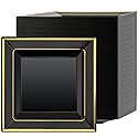 SEHOI 120 PCS 6.5 Inch Black Square Plastic Plates, Disposable Square Dinner Plates with Gold Rim, Small Disposable Salad Dessert Cake Plates